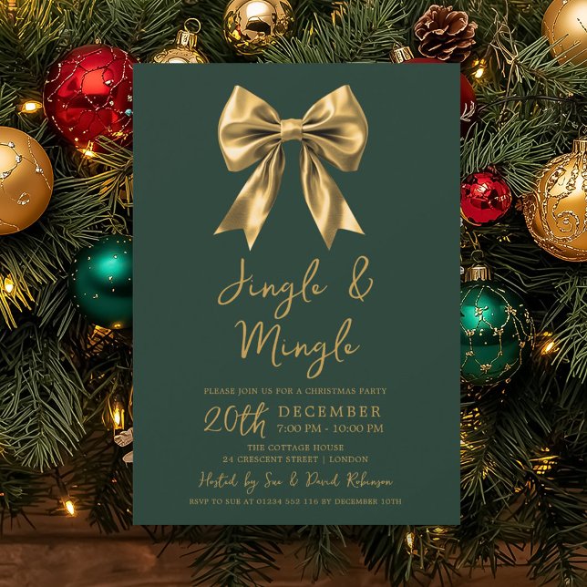 Gold Jingle & Mingle Christmas Party Bow Green Invitation (Creator Uploaded)