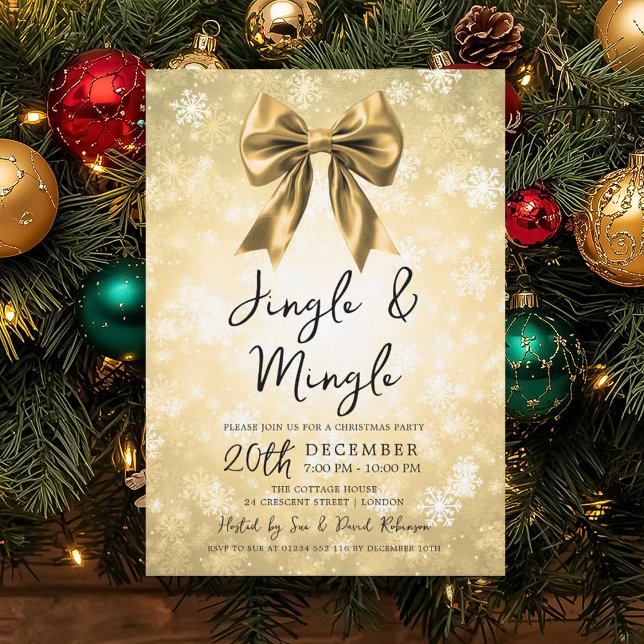 Gold Jingle & Mingle Christmas Party Bow & Snow  Invitation (Gold Jingle & Mingle Christmas Party Bow & Snow Invitation)