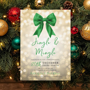 Gold Jingle Mingle Christmas Party Green Bow Invitation