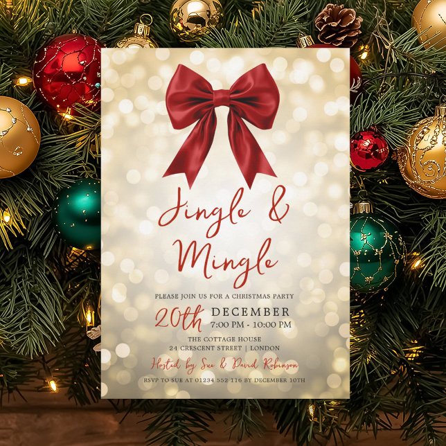 Gold Jingle Mingle Christmas Party Red Bow Lights Invitation (Gold Jingle Mingle Christmas Party Red Bow Lights Invitation)