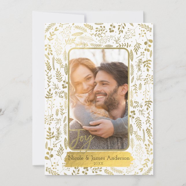 Gold Joy Foil Botanical Modern Glam Holiday Photo (Front)