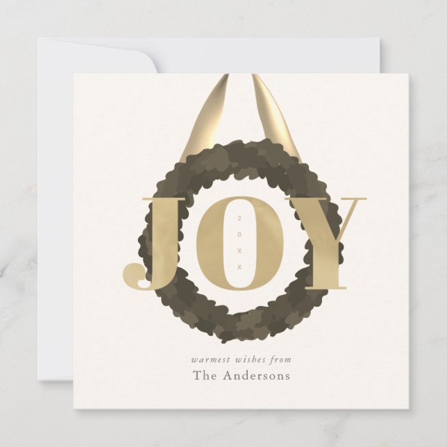 Gold JOY Green Wreath Square Christmas Holiday Card (Front)