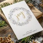 Gold Joy Watercolor Botanical Wreath Christmas Holiday Card<br><div class="desc">A modern holiday card features a wreath made from watercolor winter botanicals with joy in the centre in gold script typography.  Personalise with your name.</div>