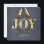 Gold JOY Wreath Chalkboard Christmas Holiday<br><div class="desc">This elegant and chic "JOY" square christmas holiday greeting card features a word "JOY" in faux gold foil on a black chalkboard background with foliage / greenery wreath with gold satin ribbon. The reverse side features a faux gold background. Personalize it for your needs. You can find matching products at...</div>