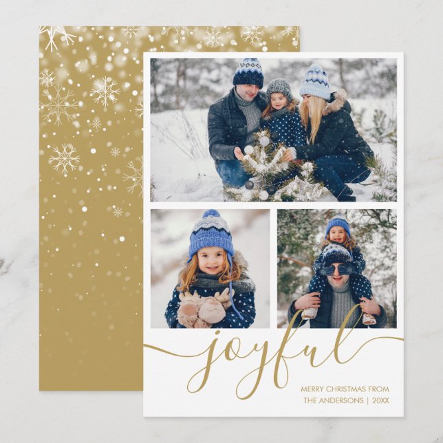 Gold Joyful 3 Photo Merry Christmas Holiday Card (Front/Back)