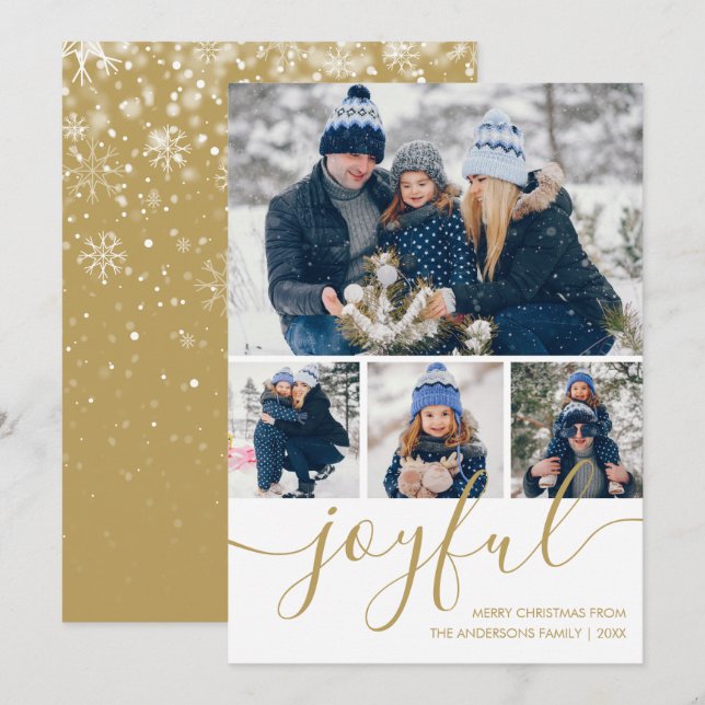 Gold Joyful 4 Photo Merry Christmas Holiday Card (Front/Back)