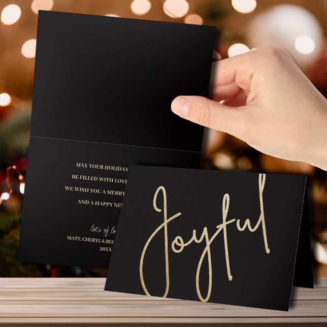 Gold Joyful on Black Folded Christmas Card (Creator Uploaded)