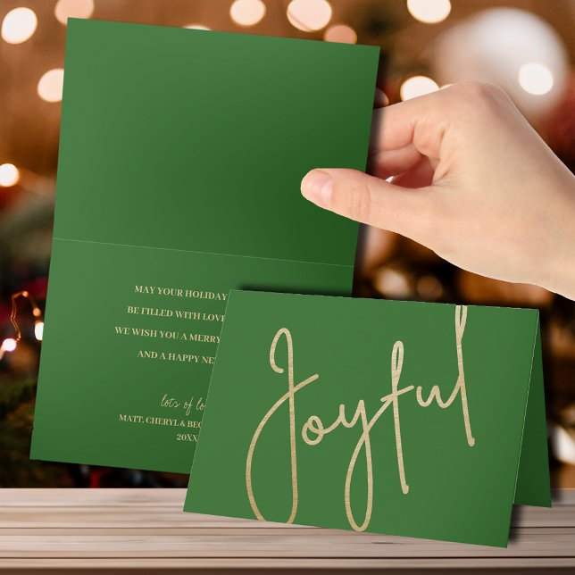 Gold Joyful on Green Folded Christmas Card (Gold JOYFUL Multi Photo Christmas Holiday Cards - INSTANT DOWNLOAD and/or PRINTED or both!)