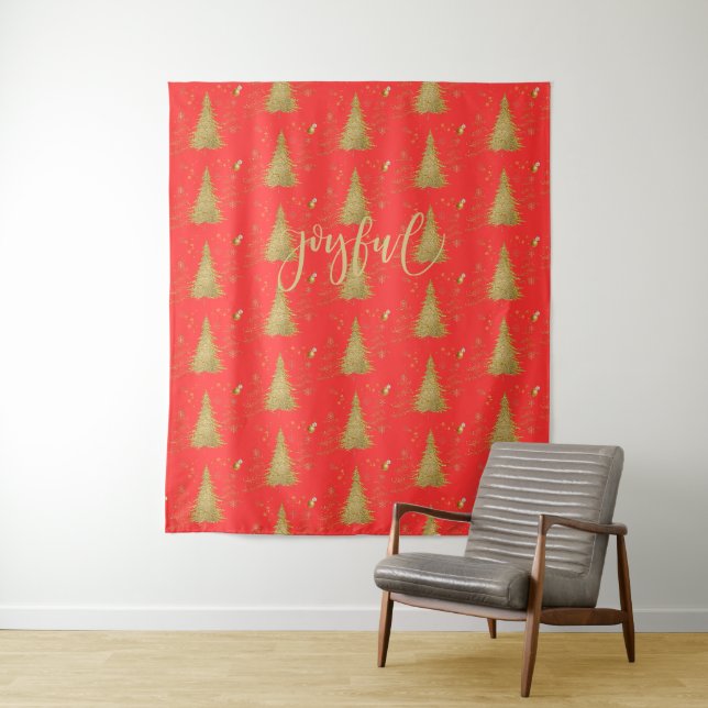 Gold JOYFUL on Red Christmas Tapestry (In Situ)
