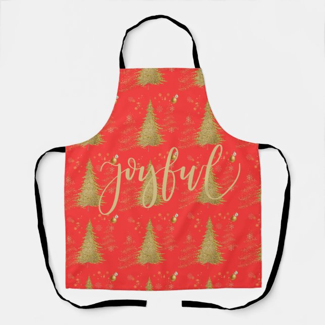 Gold JOYFUL on Red ChristmasHoliday Party  Apron (Front)