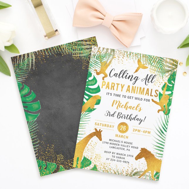Gold Jungle Animals Safari Boys Birthday Invitation (Creator Uploaded)