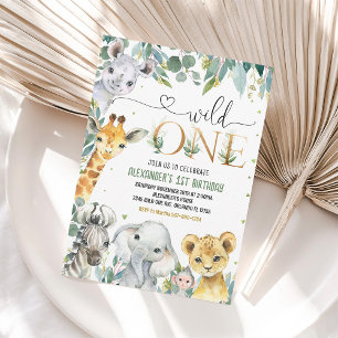 Gold Jungle Animals Wild One 1st Birthday Invite