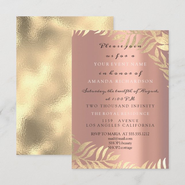Gold Jungle Rose Pink Gold Elegant Bridal Birthday Invitation (Front/Back)