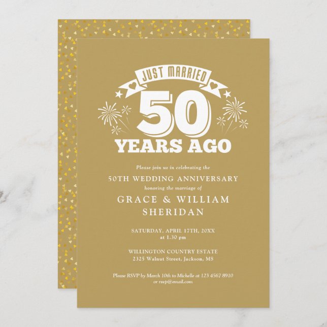 Gold Just Married 50th Wedding Anniversary Invitation (Front/Back)