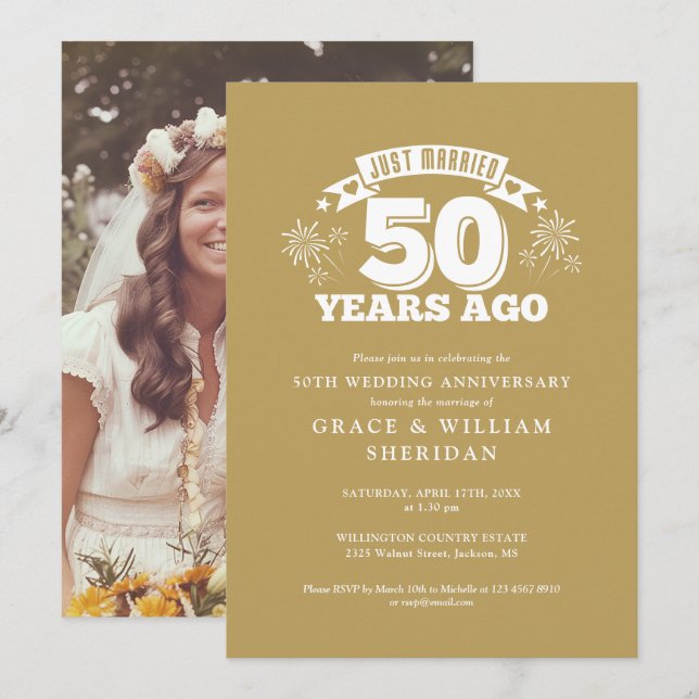 Gold Just Married 50th Wedding Anniversary Photo Invitation (Front/Back)