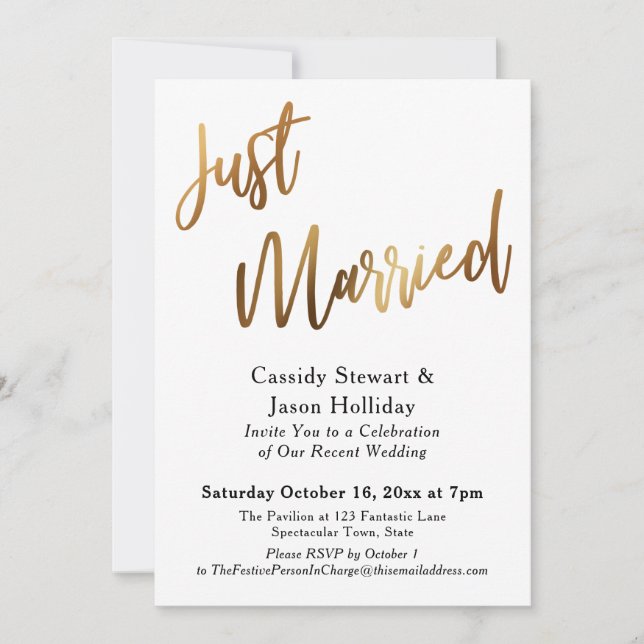 Gold Just Married Bokeh Black Back Reception Invitation (Front)