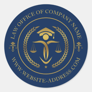 Gold Justice logo with custom text on blue Classic Round Sticker