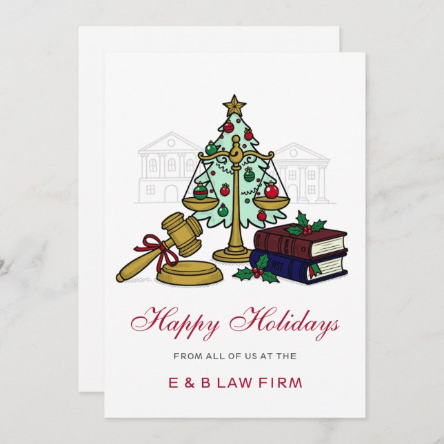 Gold Justice Scale Holly Wreath Law Firm Christmas Holiday Card (Front/Back)