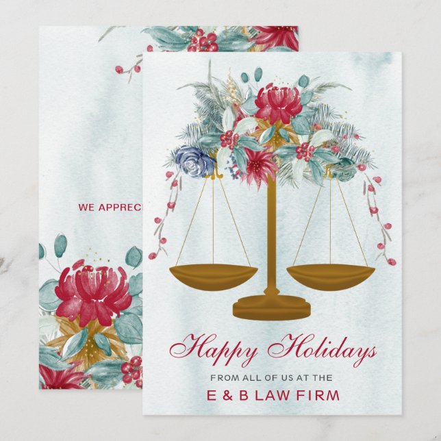 Gold Justice Scale Holly Wreath Law Firm Christmas Holiday Card (Front/Back)