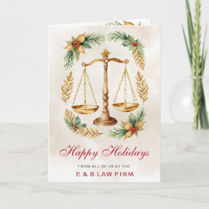 Gold Justice Scale Holly Wreath Lawyer Christmas Holiday Card