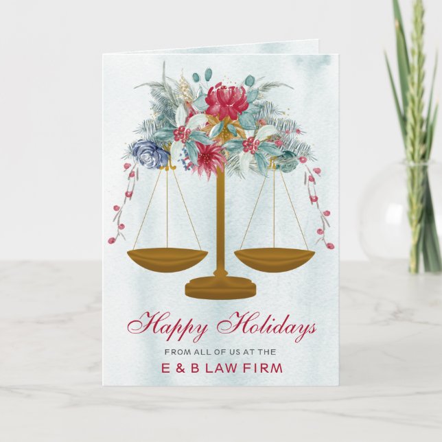 Gold Justice Scale Holly Wreath Lawyer Christmas  Holiday Card (Front)