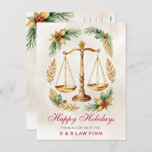 Gold Justice Scale Holly Wreath Lawyer Christmas Holiday Postcard