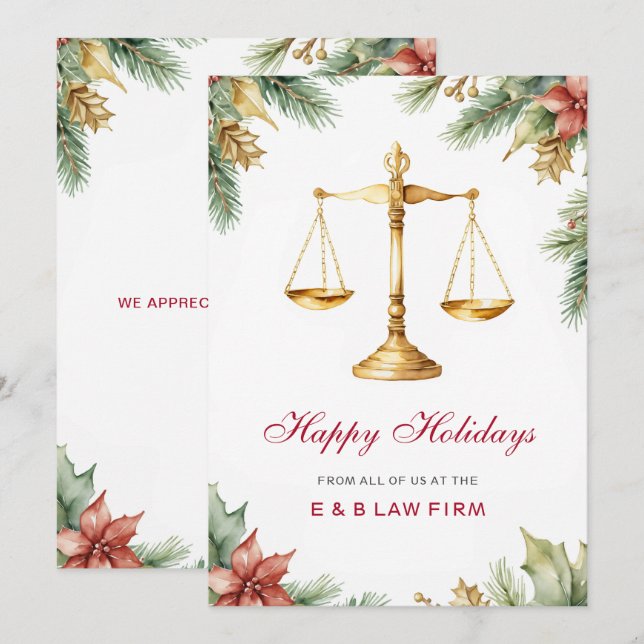 Gold Justice Scale Pine Holly Law Firm Christmas Holiday Card (Front/Back)