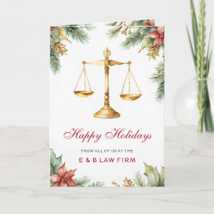 Gold Justice Scale Pine Holly Law Firm Christmas Holiday Card