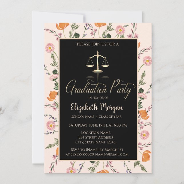 Gold Justice Scale Wildflowers Graduation Invitation (Front)