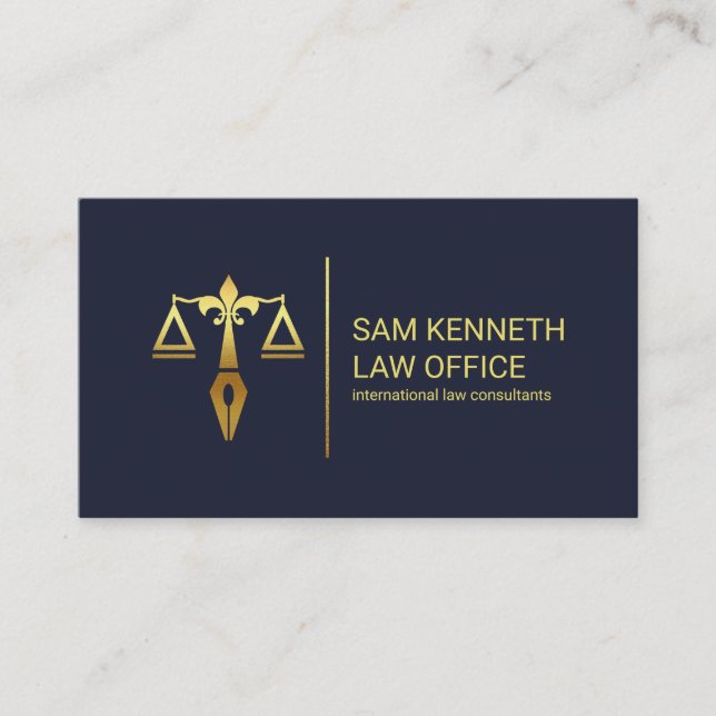 Gold Justice Scales Pen Gold Stripe Lawyer Business Card (Front)