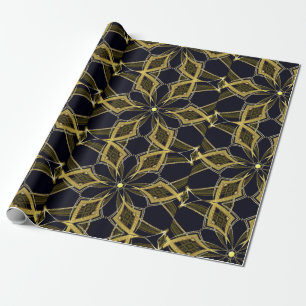 Gold kaleidoscope on black fabric wrapping paper
