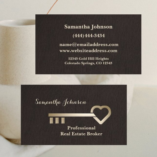 Gold Key Brown Linen Real Estate Business Card (Creator Uploaded)