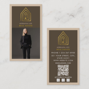 Gold Key Photo Real Estate Agent QR Code Brown Business Card