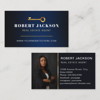 Gold Key Photo Real Estate Agent QR Code Navy Blue Business Card
