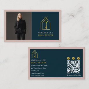Gold Key Photo Real Estate Agent QR Code Pink Business Card