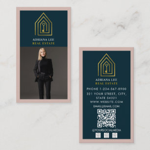 Gold Key Photo Real Estate Agent QR Code Pink Business Card