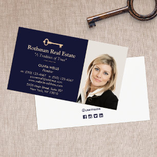 Gold Key Real Estate Agent Add Photo Navy Business Card
