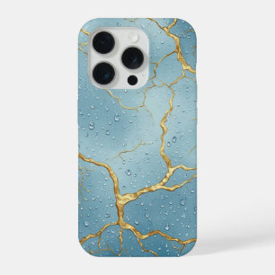 Gold Kintsugi Cracks on Blue Water Droplets iPhone 15 Pro Case