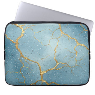 Gold Kintsugi Cracks on Blue Water Droplets Laptop Sleeve