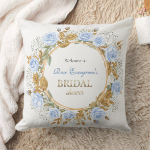 Gold-Kissed Blue Rose Bridal Shower Cushion
