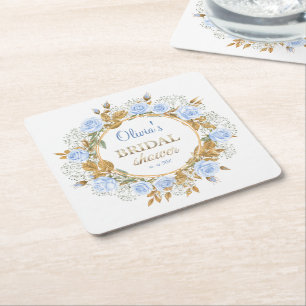 Gold-Kissed Blue Rose Bridal Square Paper Coaster