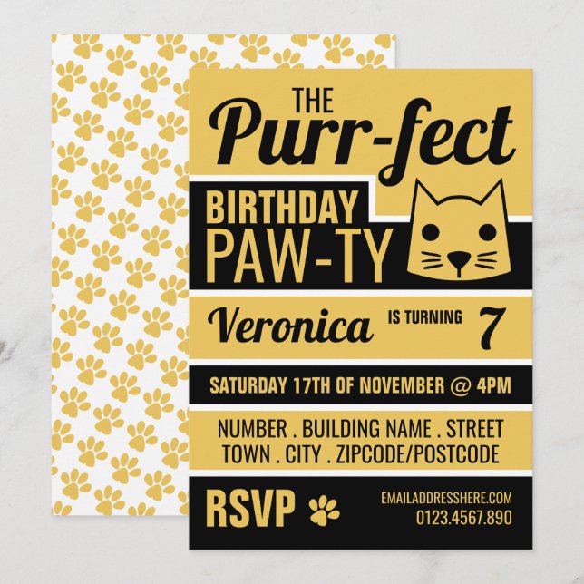Gold Kitten Birthday Party Invitation (Front/Back)