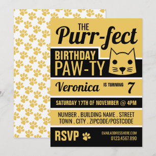 Gold Kitten Birthday Party Invitation