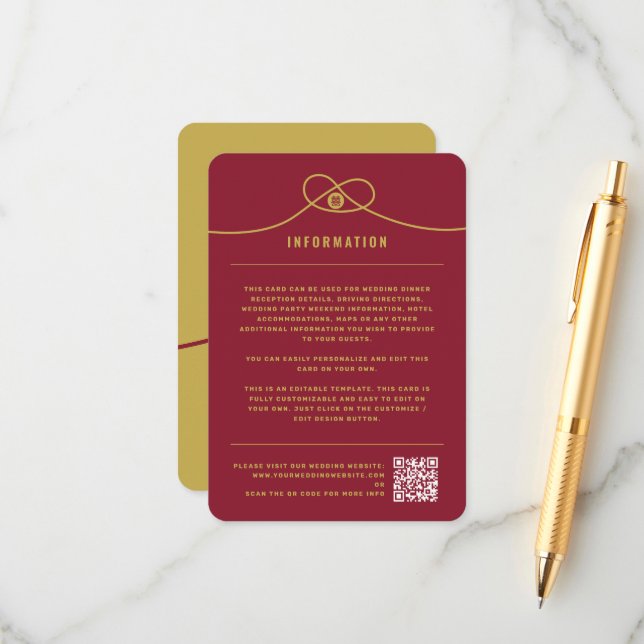 Gold Knot Union Double Happiness Chinese Wedding Enclosure Card (Front/Back In Situ)