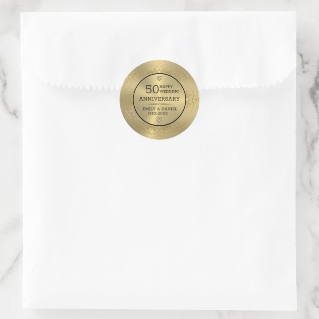 Gold lace 50th wedding anniversary dinner plate cl classic round sticker (Bag)