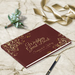 Gold Lace Auburn Brown Frilly Elegant Wedding Guest Book<br><div class="desc">This elegant guest book will serve as a special memento of your wedding day. It features frilly and ornate faux foil gold filigree with chic script lettering on an auburn or chocolate brown background.</div>