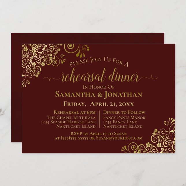Gold Lace Auburn Brown Wedding Rehearsal Dinner Invitation (Front/Back)