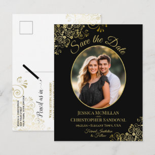 Gold Lace Black Wedding Save the Date Oval Photo Announcement Postcard