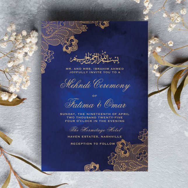 Gold Lace Blue Islamic Muslim Mehndi Ceremony Invitation (Creator Uploaded)