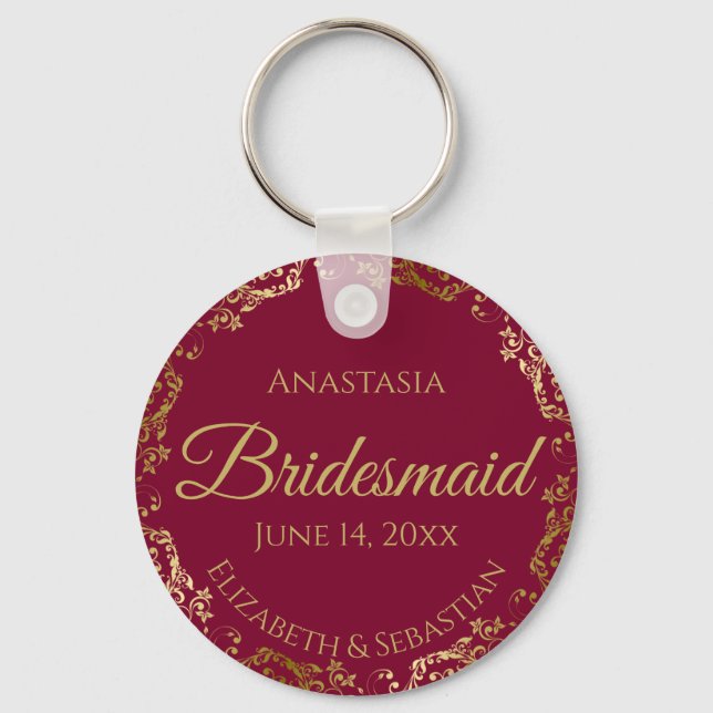 Gold Lace Bridesmaid Wedding Gift Burgundy Maroon Key Ring (Front)